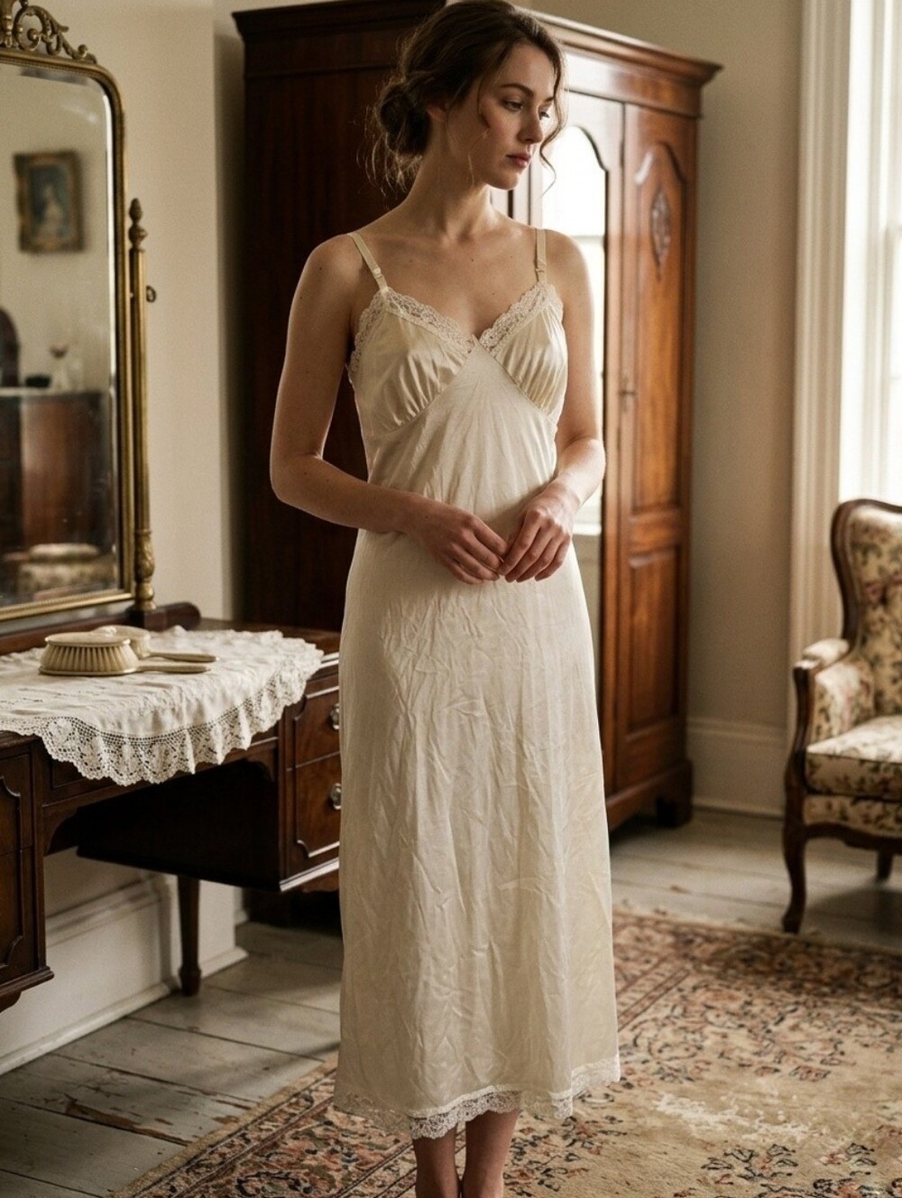 Vintage Deena Ivory Cream Nylon Lace Trim Full Slip Retro Lingerie 34 Style 2090